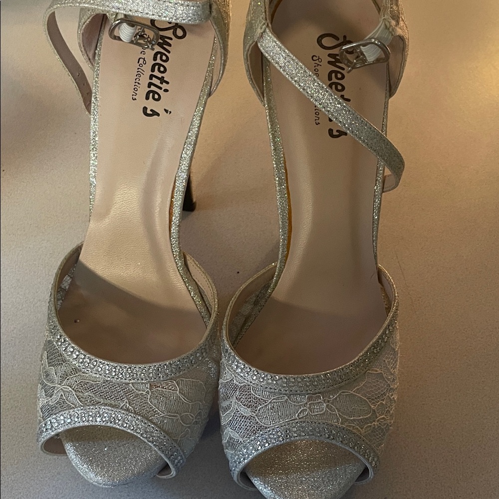Glittering Silver Lace Heels